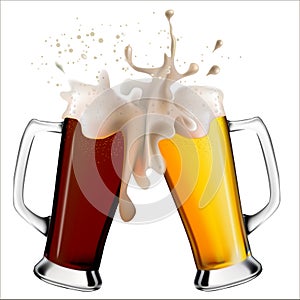 Realistic image of glass mugs with light and dark beer. .